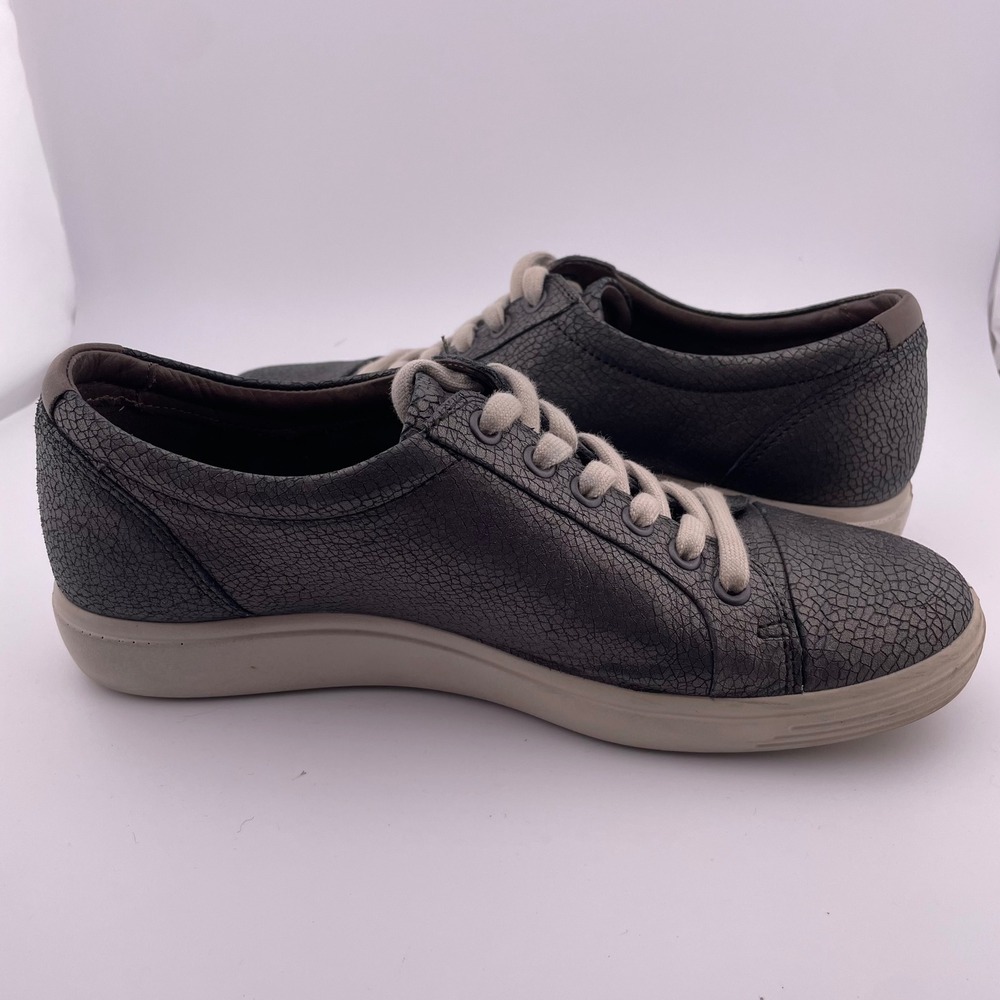 ECCO Soft 7 Women Sneakers Metallic Charcoal Crackle Leather 430003-51459 Size 8